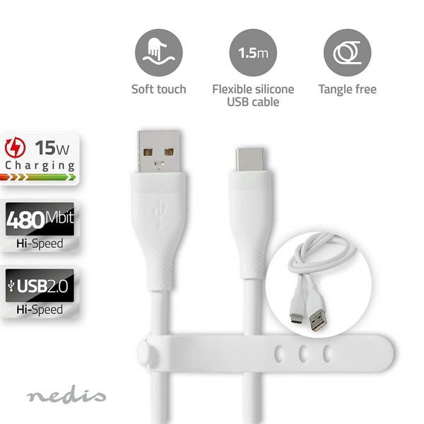 Nedis CCGB60800WT15 flexibilis USB A - USB C (USB-C) kábel, USB2.0, 15W, hossz 1,5m, fehér rugalmas szilikon