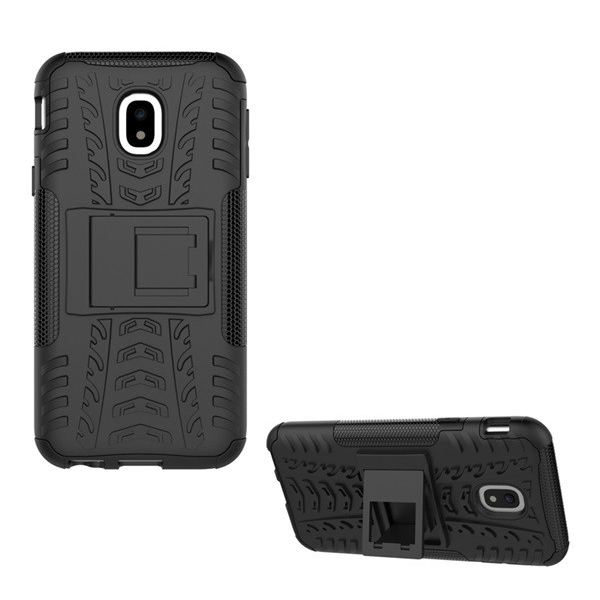 Defender műanyag telefonvédő (közepesen ütésálló, szilikon belső, kitámasztó, autógumi minta) FEKETE [Samsung Galaxy J3 (2017) SM-J330 EU] (5996457713837)