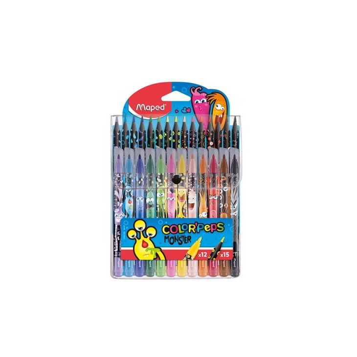 Maped Color Peps Monster 2,8mm Filctoll és színes ceruza készlet - 12+15 különböző szín (27 db/ csomag) (984718)