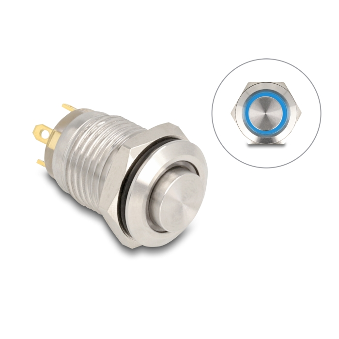 Delock Nyomógomb beszereléshez 12 mm 4 x forrasztási csatlakozó LED kék (20984) (20984)