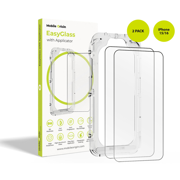 Mobile Origin Mobile Origin EasyGlass with Applicator iPhone 15/16, 2 pack