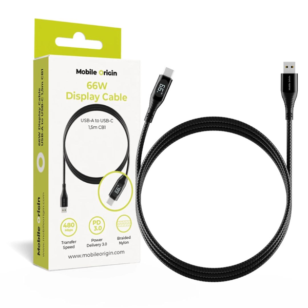 Mobile Origin 66W Display Cable USB-A to USB-C 1,5m Black