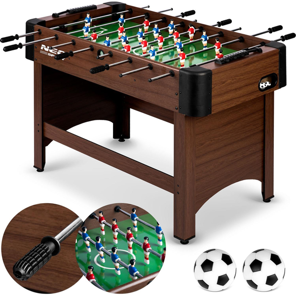 Csocsóasztal, Neo-Sport NS-804, zöld/sötétbarna, 118 x 61 x 79 cm, állítható lábak, MDF játéktér, 22 játékos, 2 labda, 8 krómozott rúd, csúszásgátló fogantyúk, kézi számláló