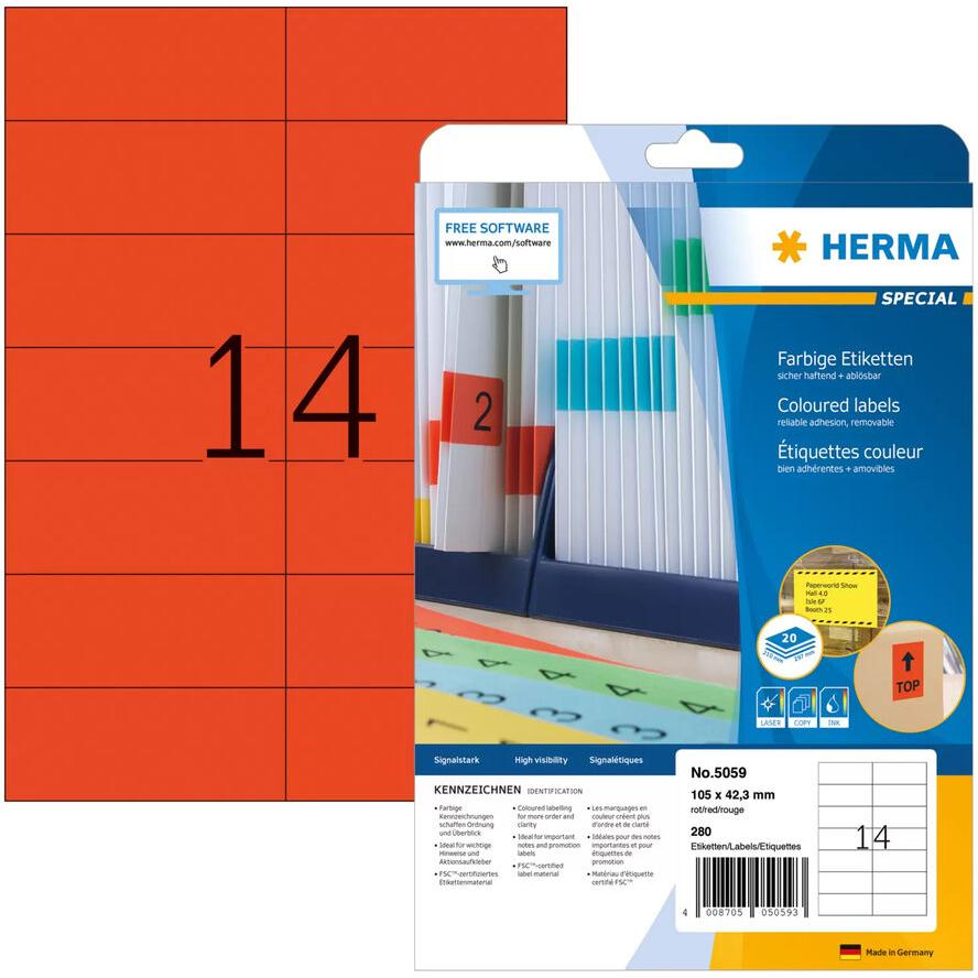 HERMA Etiketten A4 rot 105x42,3 mm Papier matt 280 St. (5059) (5059)