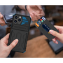 Samsung Galaxy S23 Ultra SM-S918, Пластмасов заден капак, силиконова вътрешна част, средно удароустойчив, със стойка, държач за карти, Wooze Transformer, черен/син (129111)