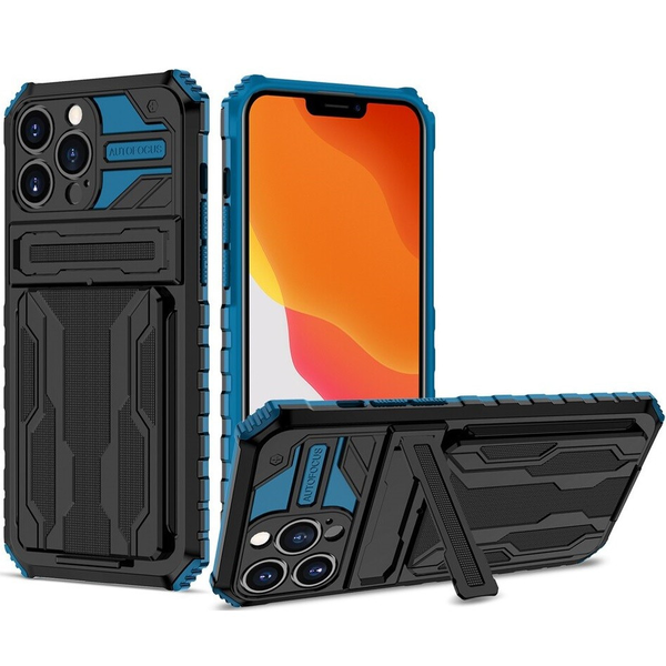 Samsung Galaxy S23 Ultra SM-S918, Пластмасов заден капак, силиконова вътрешна част, средно удароустойчив, със стойка, държач за карти, Wooze Transformer, черен/син (129111)