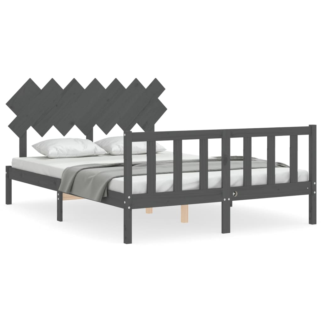 szürke tömör fa ágykeret fejtámlával King Size (3193473)