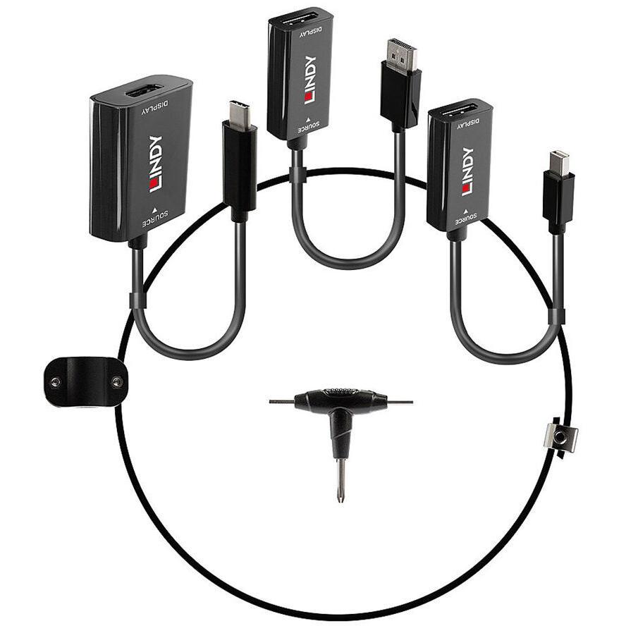 Lindy 38304 video átalakító kábel HDMI A-típus (Standard) DisplayPort + Mini DisplayPort + USB Type-C Fekete (38304)