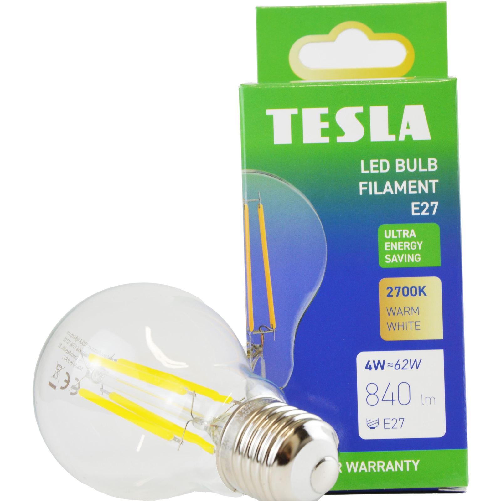Tesla Filament A class, E27, 4W, 840lm, 2700K meleg fehér, 360°, átlátszó, 230V, 25000 óra (BL270427-A1)