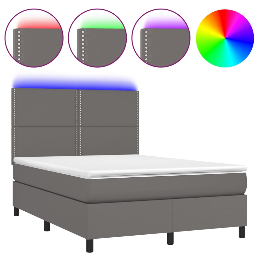 szürke műbőr rugós ágy matraccal és LED-del 140x200 cm (3135889)