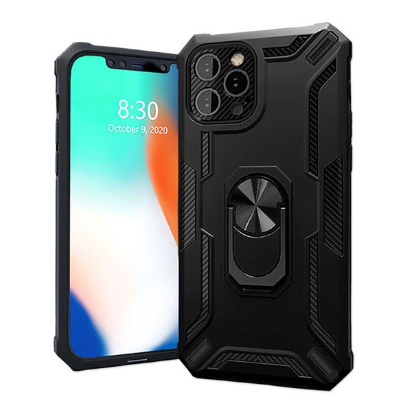 Пластмасов протектор за телефон Apple iPhone 13 Pro 4-Ok Defender (средно удароустойчив, силиконова вътрешна част, пръстен за държач на телефона, вградена метална пластина) черен