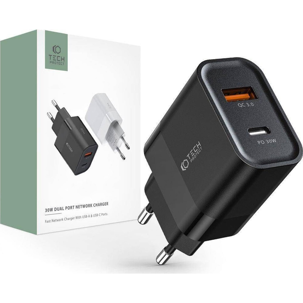 TECH-PROTECT 2-PORTNI MREŽNI POLNILEC PD30W QC3.0 ZA PAMETNE TELEFONE ČRN