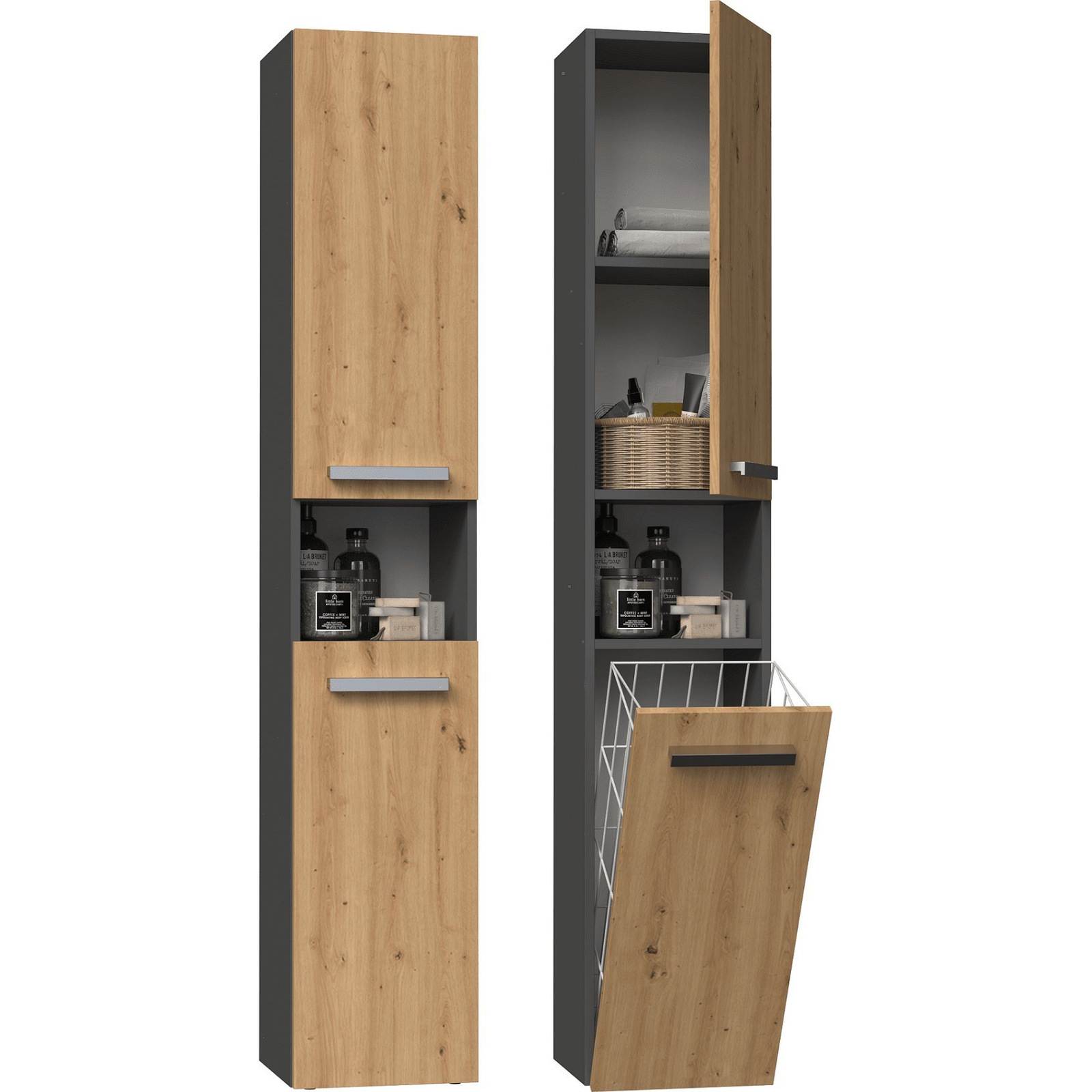 Adino Lungo III Fürdőszobai Magasszekrény Polccal, Szennyestartóval - Antracit/Tölgy (NEL III ANT/ART)