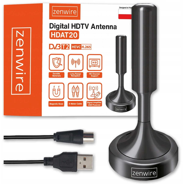 Zenwire HDAT20 notranja DVB-T2 TV antena z ojačevalnikom HEVC H.265, magnetna osnova, 5 m kabel, USB napajanje