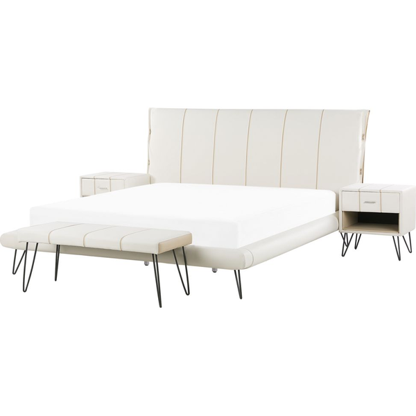 Conjunto De Dormitorio Beige Tapizado En Piel Sintética Beige Cama 180 X 200 Cm Dos Mesitas De Noche Un Banco Moderno Betin - Blanco