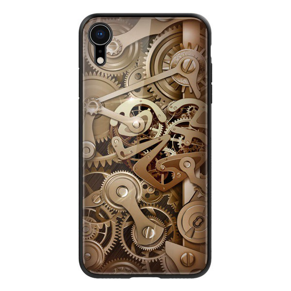 NILLKIN GEAR telefonvédő szilikon keret (BUMPER, közepesen ütésálló, edzett üveg hátlap, fogaskerék minta) BARNA [Apple iPhone XR 6.1] (5996457799763)