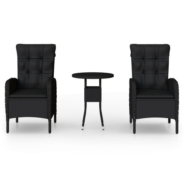 3 részes fekete polyrattan kerti étkezőgarnitúra párnákkal
