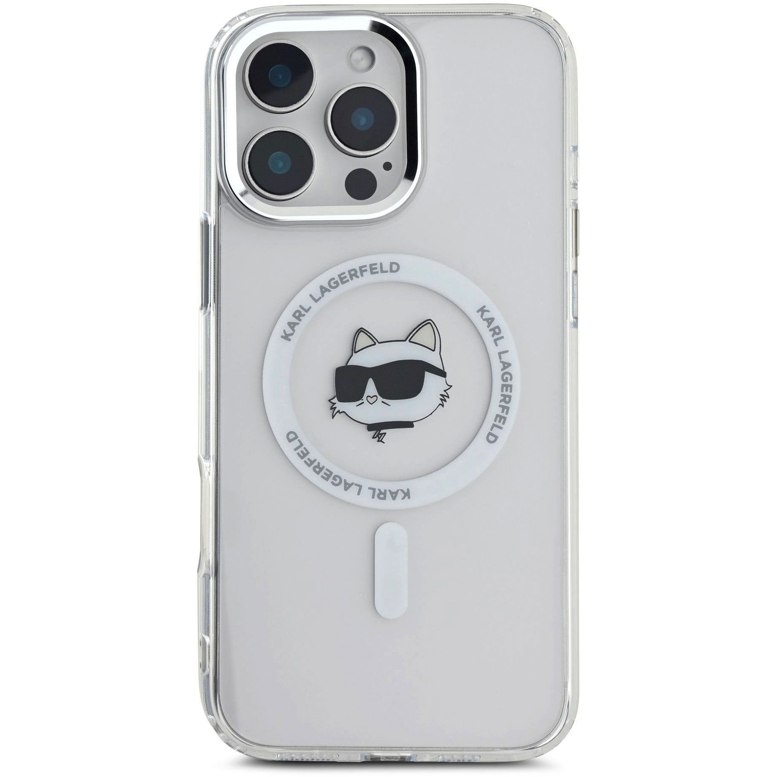 Karl Lagerfeld IML Choupette Head Metal Frame iPhone 16 Pro átlátszó MagSafe tok (KLHMP16LHLSCHH)