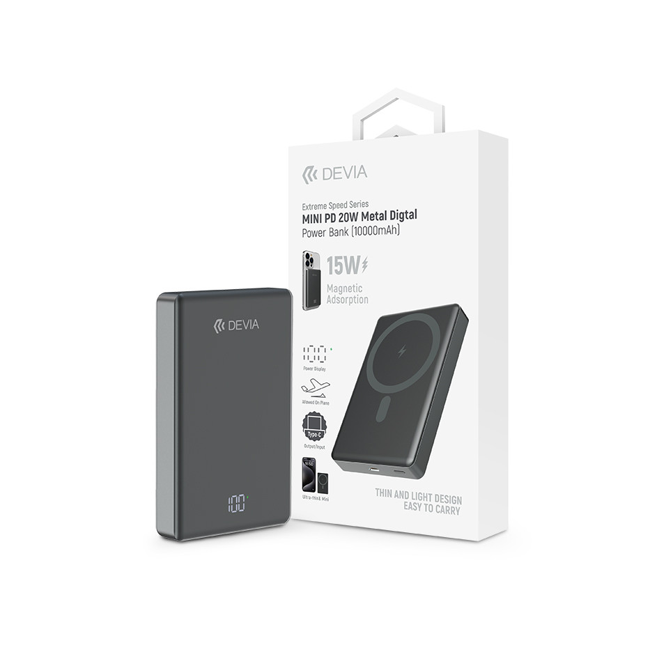 Devia Extreme Speed Series Mini Metal Digital PD 20W powerbank - 10.000 mAh - szürke (ST107939)