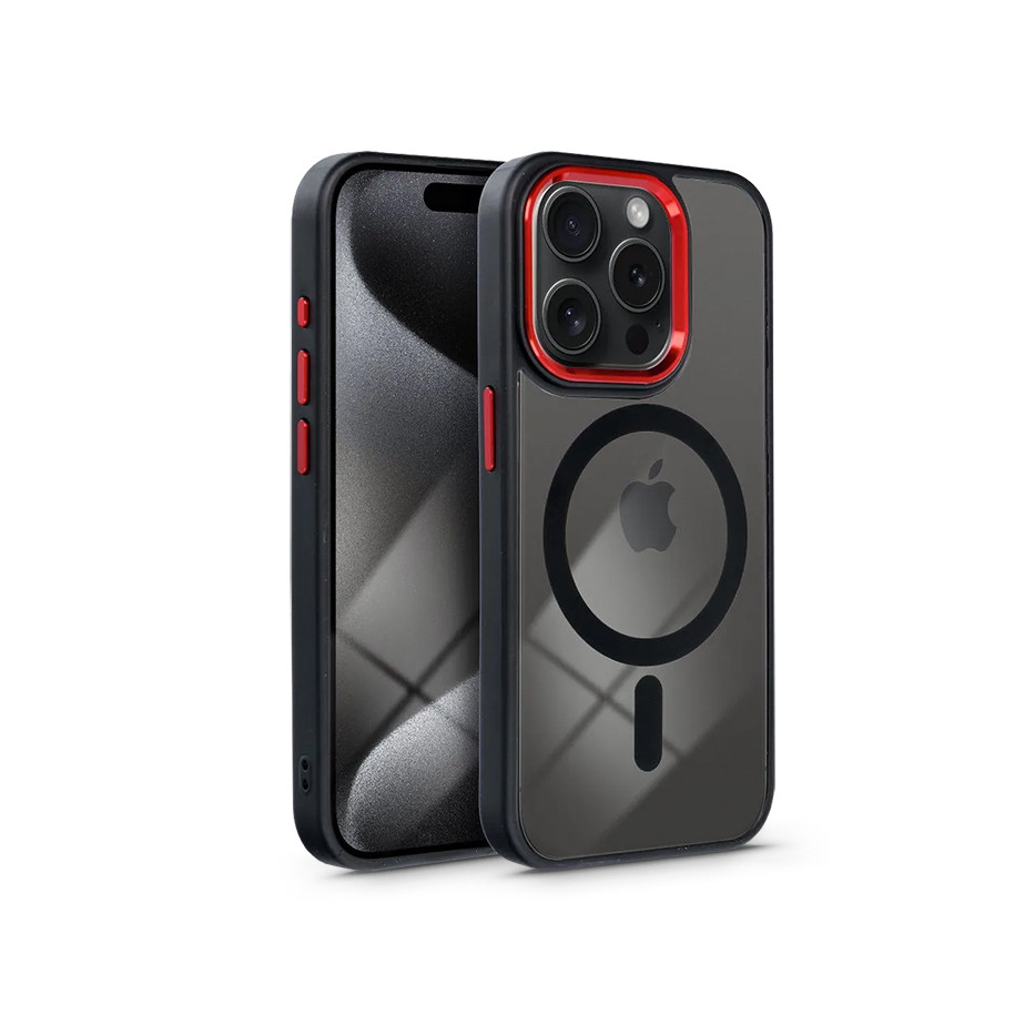 Apple iPhone 15 Pro szilikon hátlap - Edge Mag Cover - fekete/piros/átlátszó (PT-6836)