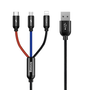 Кабел Baseus 3в1, USB-C, Lightning, Micro USB, 3.5A, 0.3m, черен