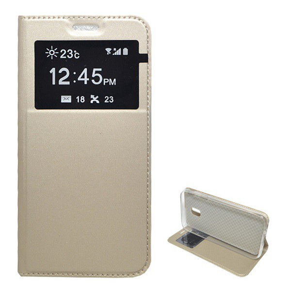 Tok álló, bőr hatású (FLIP, oldalra nyíló, hívókijelzés, asztali tartó funkció, View Window) ARANY [Samsung Galaxy J3 (2017) SM-J330 EU] (5996457712069)