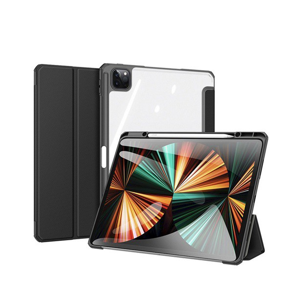 DUX DUCIS TOBY tok álló, bőr hatású (aktív FLIP, oldalra nyíló, TRIFOLD asztali tartó funkció) FEKETE [Apple IPAD Pro 12.9 (2021)] (5996591244440)
