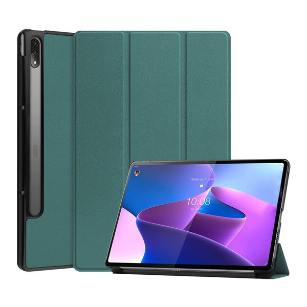 Tok álló, bőr hatású (aktív FLIP, oldalra nyíló, TRIFOLD asztali tartó funkció) SÖTÉTZÖLD [Lenovo Tab P12 Pro (TB-Q706F)] (5996591212975)