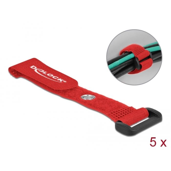 Delock befűzős kábelkötegelő tépőzárral és szorító karikával 150X20mm 5db piros (19538) (DE19538)
