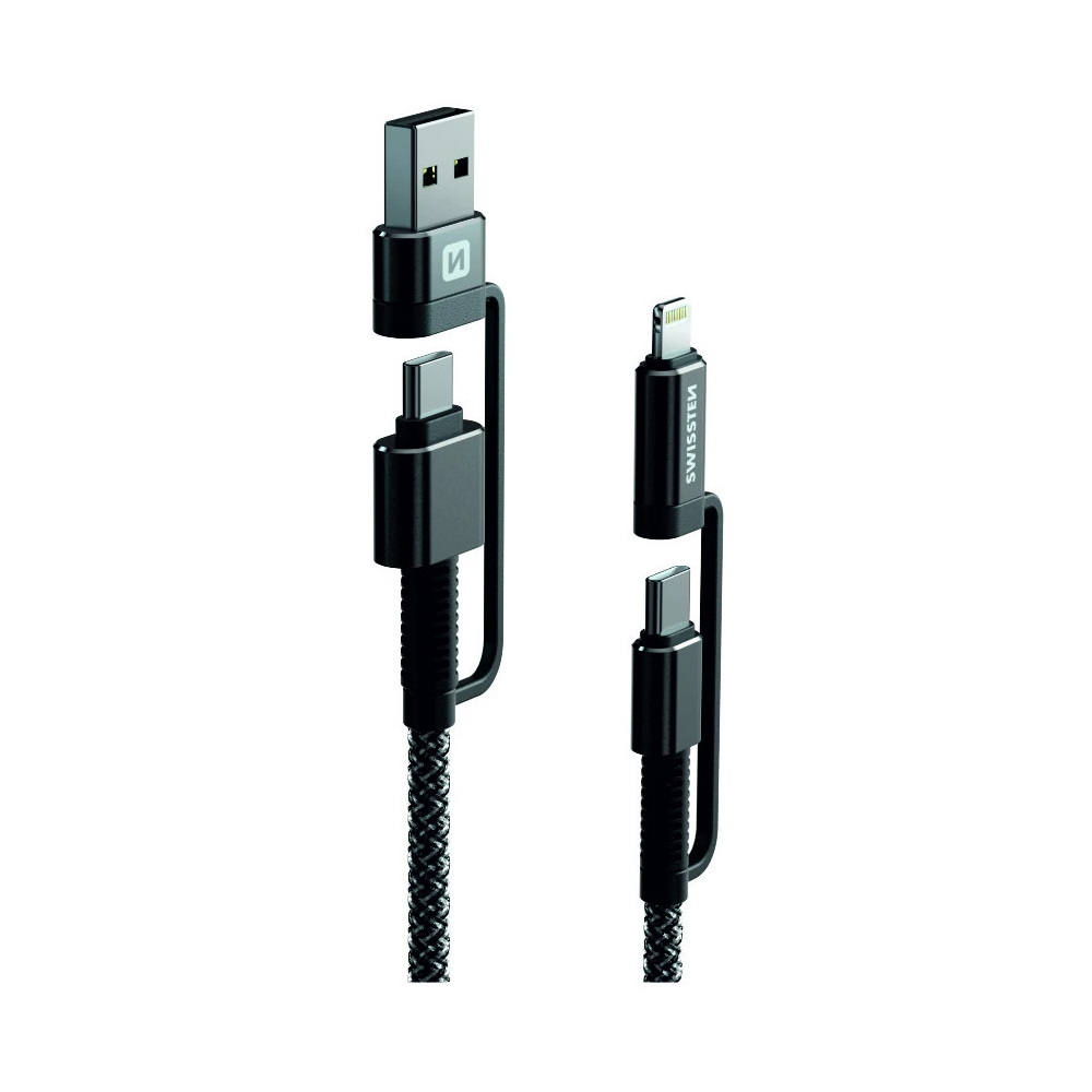 Swissten 74501101 Kevlar 4in1 USB Type-A / USB Type-C apa - USB Type-C / Lightning apa Adat és töltő kábel - Fekete (1.5m) (8595217481367)