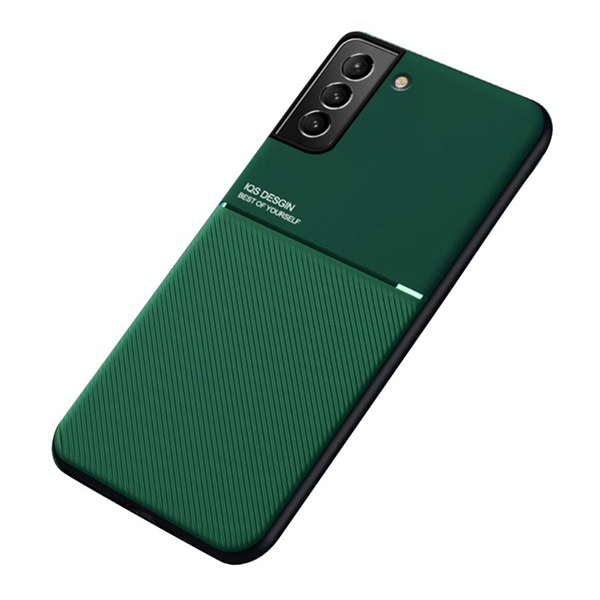 Műanyag telefonvédő (szilikon keret, közepesen ütésálló, beépített fémlemez, bőr hatású hátlap, csíkos minta) SÖTÉTZÖLD [Samsung Galaxy S22 Plus 5G (SM-S906)] (5996591120850)