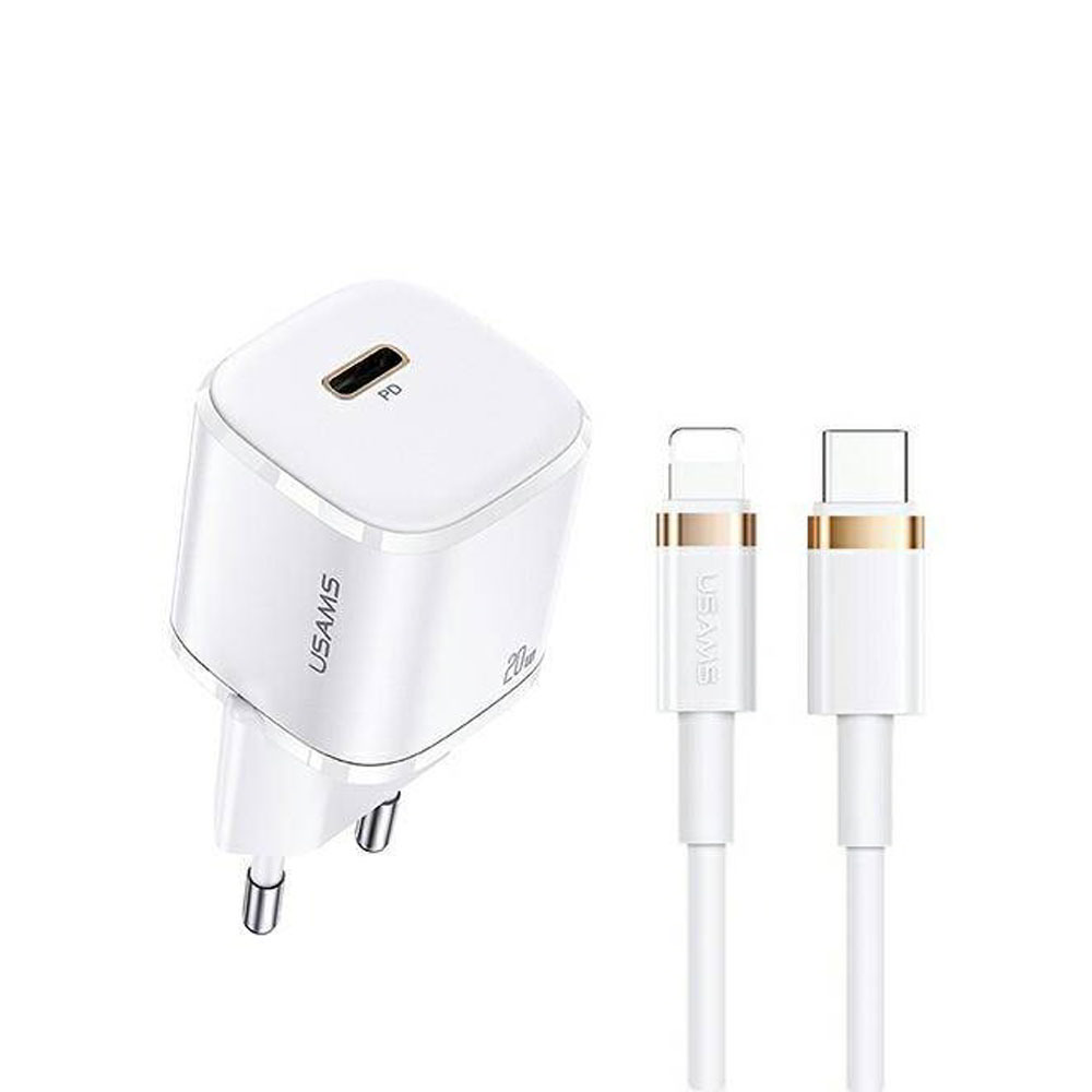 USAMS T36 Prémium Hálózati USB-C töltő (5V / 3A) + Lightning kábel Fehér (USA000844)
