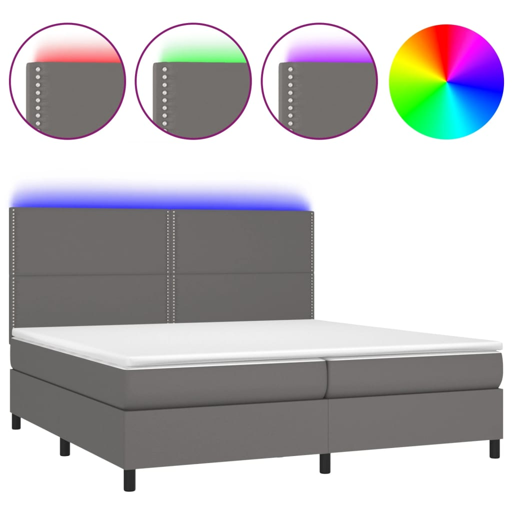 szürke műbőr rugós ágy matraccal és LED-del 200x200 cm (3135907)