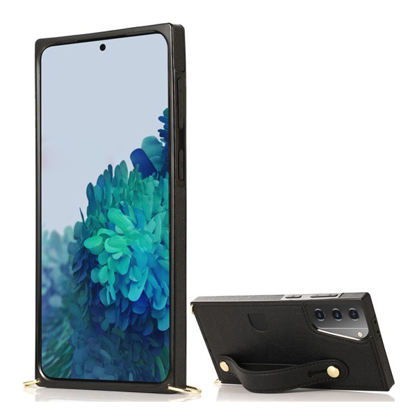 Szilikon telefonvédő (közepesen ütésálló, asztali tartó funkció, bőrhatású hátlap + kézpánt + vállpánt) FEKETE [Samsung Galaxy S21 Plus (SM-G996) 5G] (5996591069289)