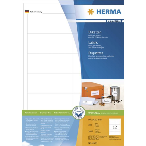 Herma Etiquetas Permanentes Premium 200 Hojas A4 97x42,3 Mm Herma