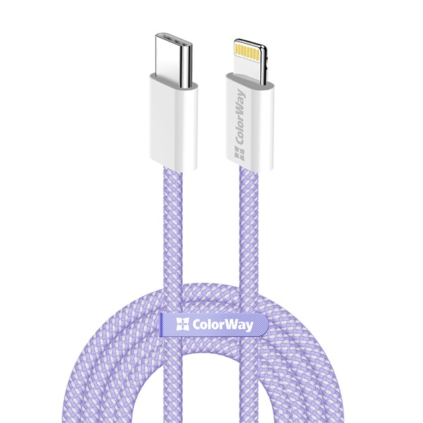 COLORWAY Kábel Type-C CW-CBPDCL061-PU, Apple Lightning, fonott pamut, PD 27W, 1M lila (CW-CBPDCL061-PU)