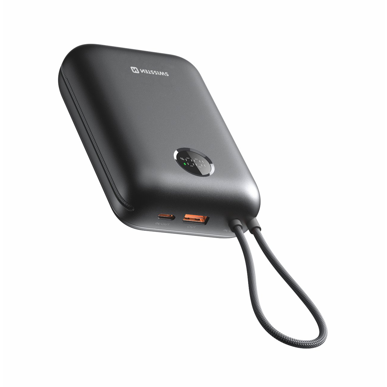 Swissten Voltbox Power Bank 35W 30000 mAh Beépített USB-C és Lightning Kábellel Fekete (22013938)