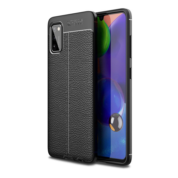Szilikon telefonvédő (közepesen ütésálló, bőr hatású, varrás minta) FEKETE [Samsung Galaxy A41 (SM-A415F)] (5996457949519)