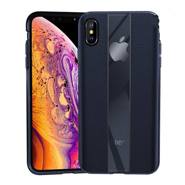Szilikon telefonvédő (valódi bőr bevonat, csíkos) SÖTÉTKÉK [Apple iPhone XS 5.8] (5996457842803)