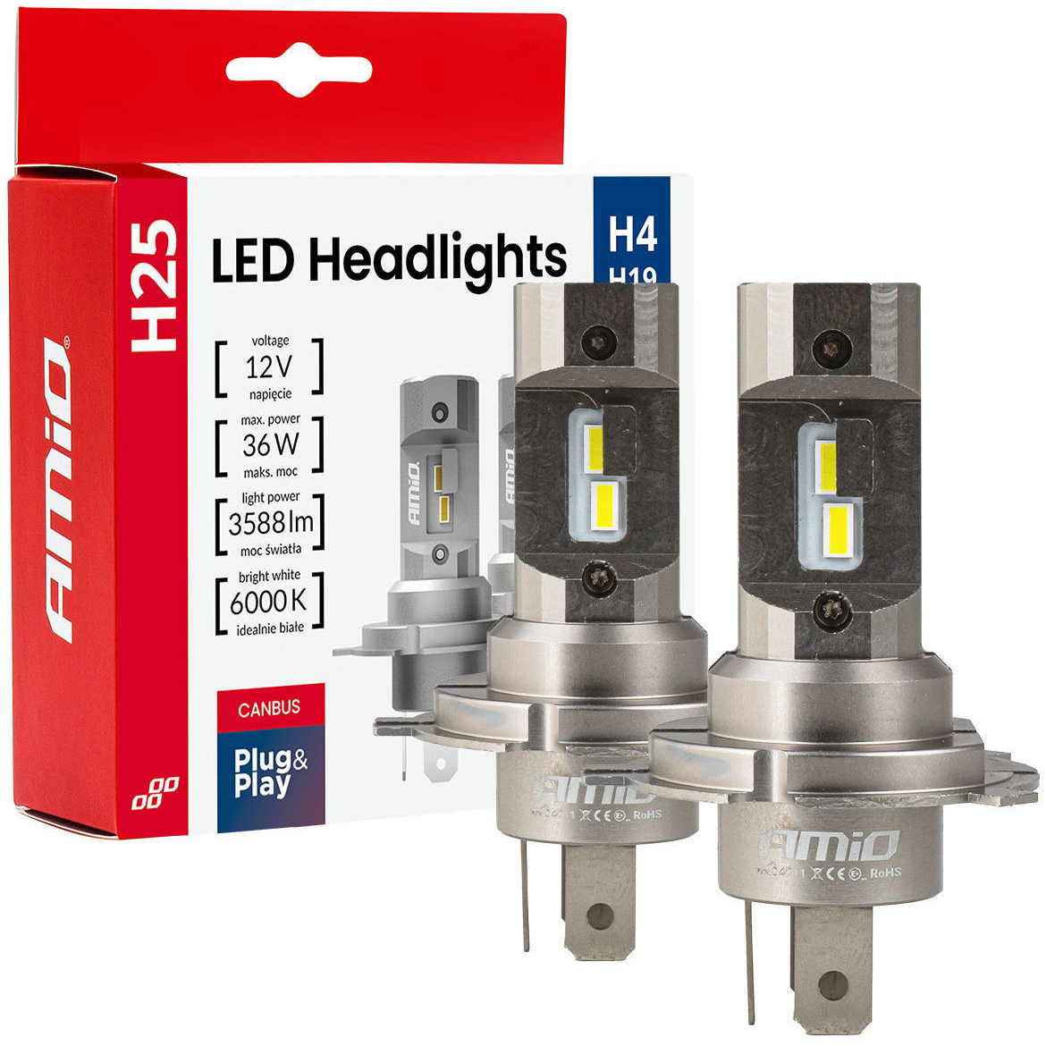 AMIO LED H4/H19 36 W, P43t foglalat, fehér, 2 db (LEDH4B6S)