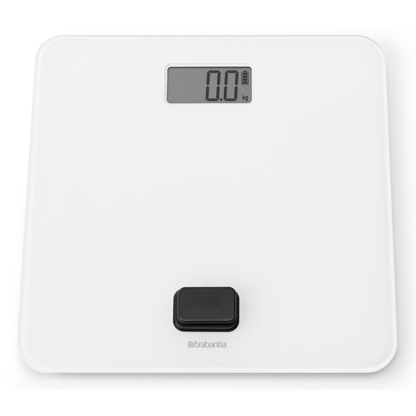 Brabantia ReNew elemmentes fürdőszobai mérleg, 5-150kg között, 0,1kg pontossággal mér, nagy LED kijelzővel, dimanóval tölthető, műanyag test, üveg fedlap, fehér - 281365