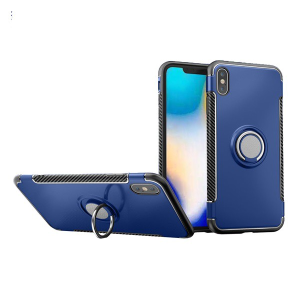 Műanyag telefonvédő (szilikon keret, asztali tartó, telefontartó gyűrű, beépített fémlemez, karbon minta) SÖTÉTKÉK [Apple iPhone XS Max 6.5] (5996457811588)