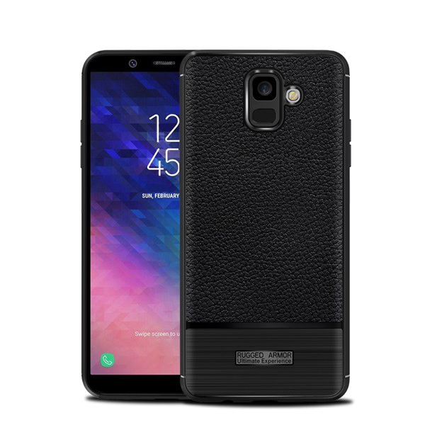 Szilikon telefonvédő (közepesen ütésálló, bőr hatású, szálcsiszolt) FEKETE [Samsung Galaxy A6 (2018) SM-A600F] (5996457776276)