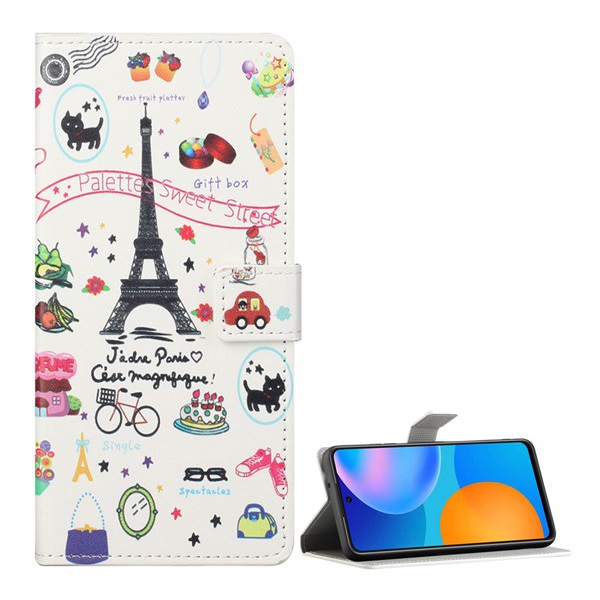 Tok álló, bőr hatású (FLIP, oldalra nyíló, asztali tartó funkció, Eiffel torony minta) FEHÉR [Honor 10X Lite] (5996591024820)