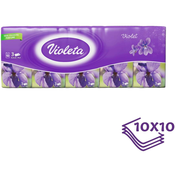 VIOLETA papierrzsebkendő 3 rétegű ibolya, 10 × 10 darab