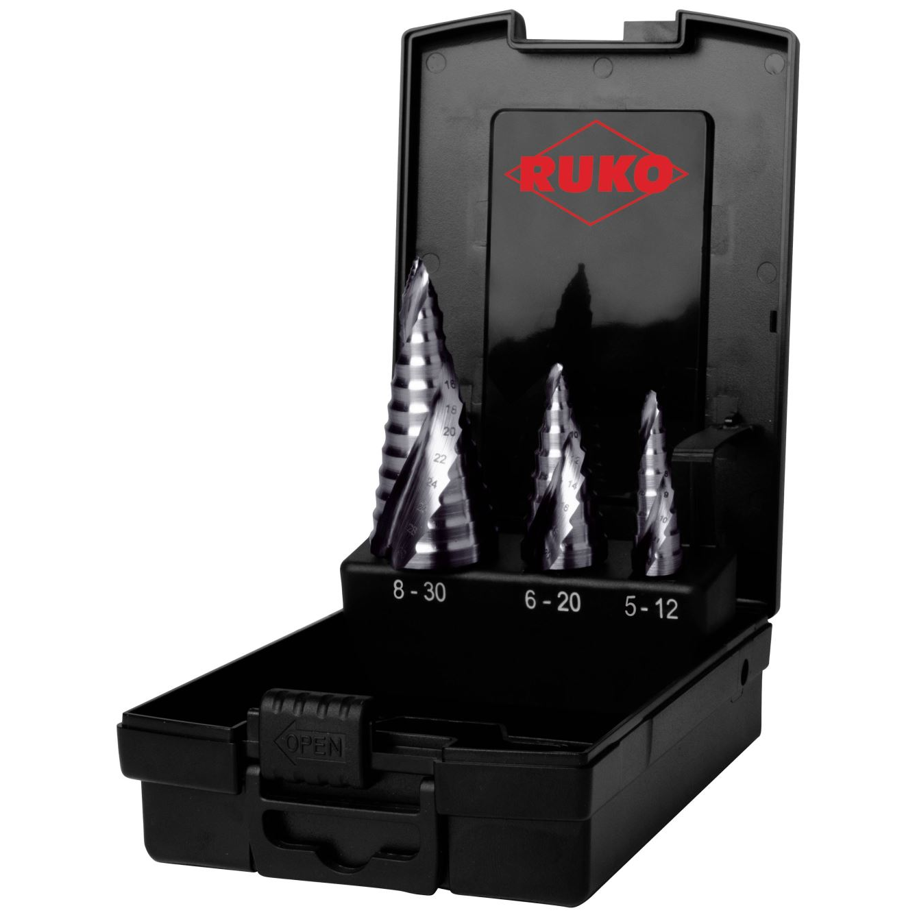 RUKO 101626PRO HSS fokozatfúró készlet, 3 részes, 5 - 12 mm, 6 - 20 mm, 8 - 30 mm (101626PRO)