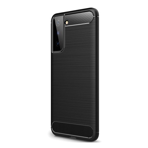 Szilikon telefonvédő (közepesen ütésálló, légpárnás sarok, szálcsiszolt, karbon minta) FEKETE [Samsung Galaxy S21 Plus (SM-G996) 5G] (5996591031378)