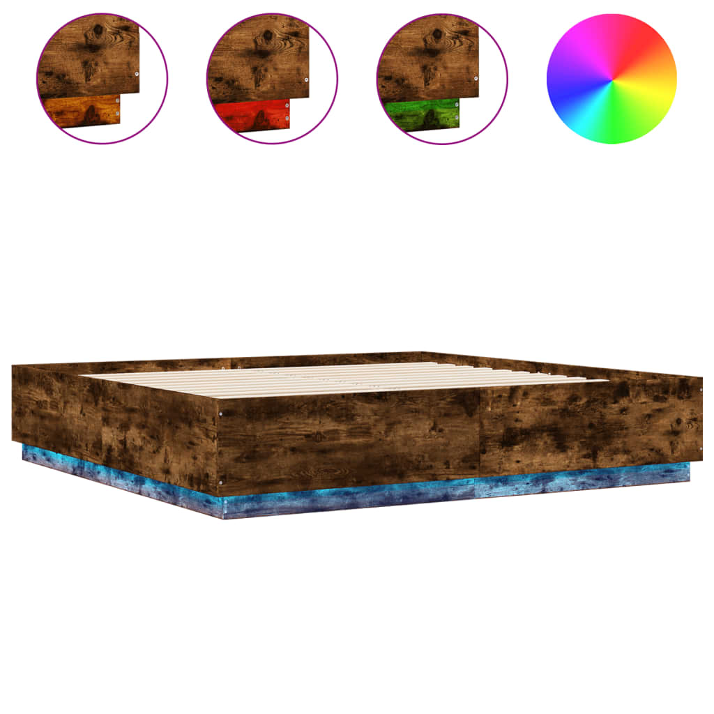füstös tölgy színű szerelt fa ágykeret LED-del 200 x 200 cm (3209587)