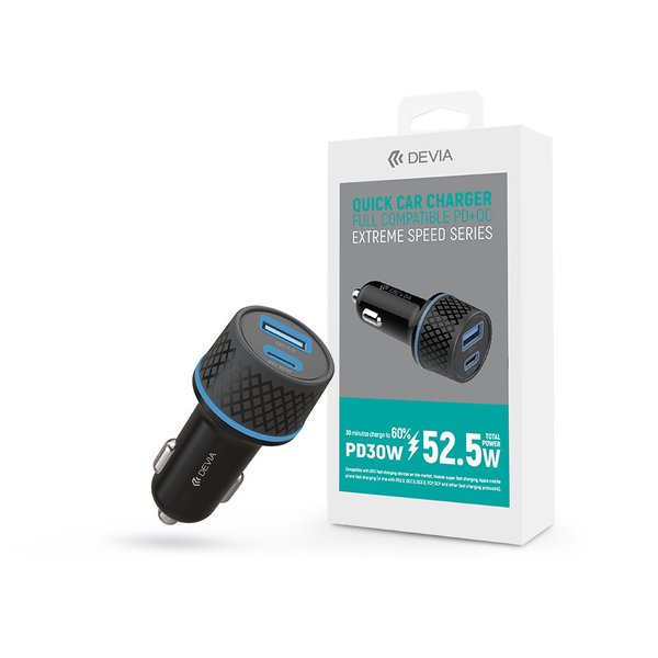 Devia szivargyújtós töltő adapter USB + Type-C bemenettel - 52,5W - Devia       Extreme Speed Series Quick Car Charger PD 30W + QC 3.0 - black