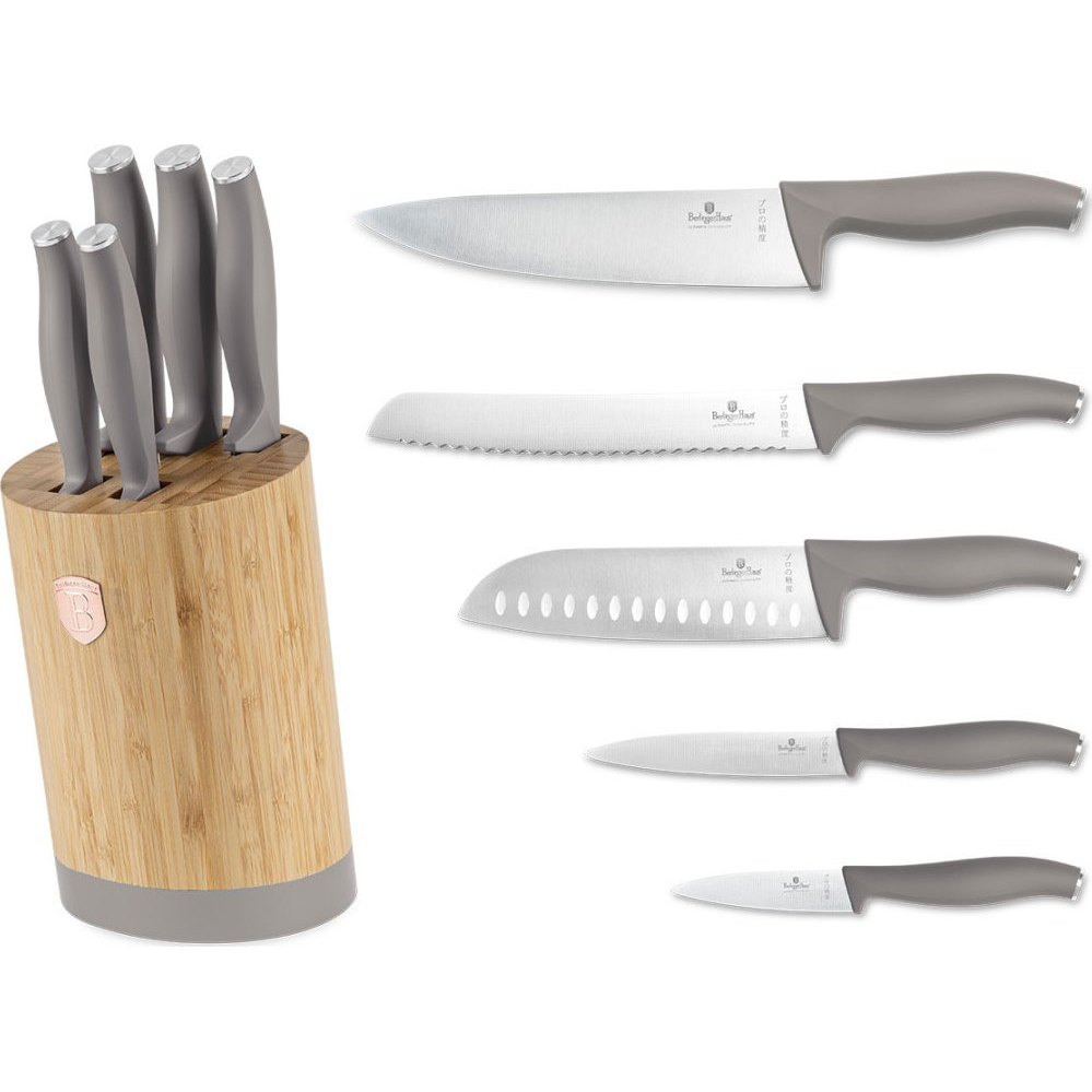 BerlingerHaus BH/2756 Taupe Collection 6 Részes Késkészlet - Bambusz Állvánnyal, Rozsdamentes Acél, Matt Taupe (BH-2756)